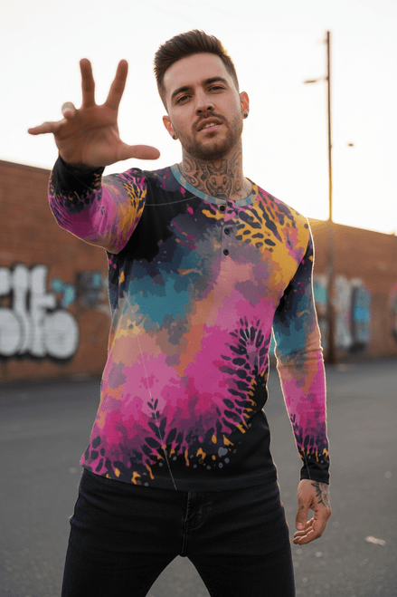 Men's Henley Shirt – Pink Black Liquid Grunge Art Long Sleeve Streetwear Aesthetic Rebellion