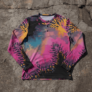 Long-sleeve Henley shirt with vivid hot pink and gold organic coral sea-anemone splatter all-over print on dark purple-black background