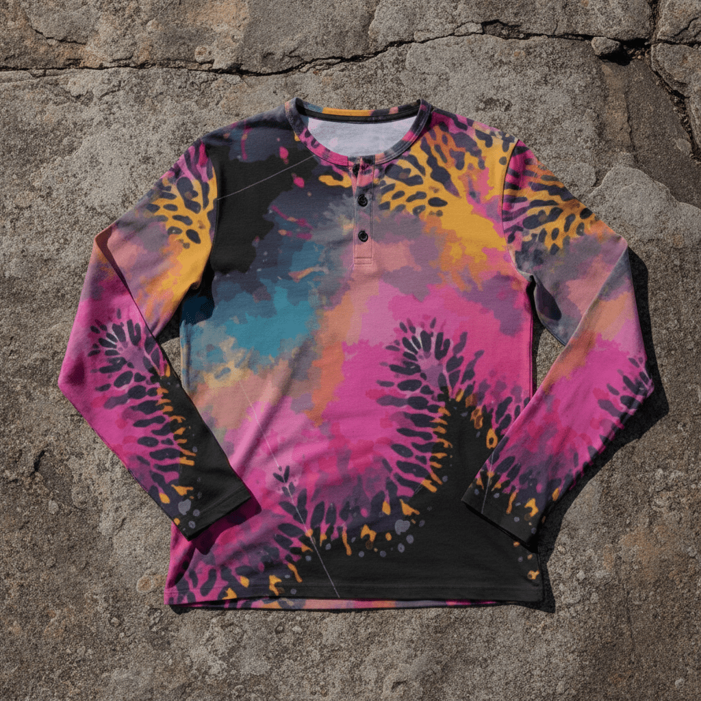 Long-sleeve Henley shirt with vivid hot pink and gold organic coral sea-anemone splatter all-over print on dark purple-black background