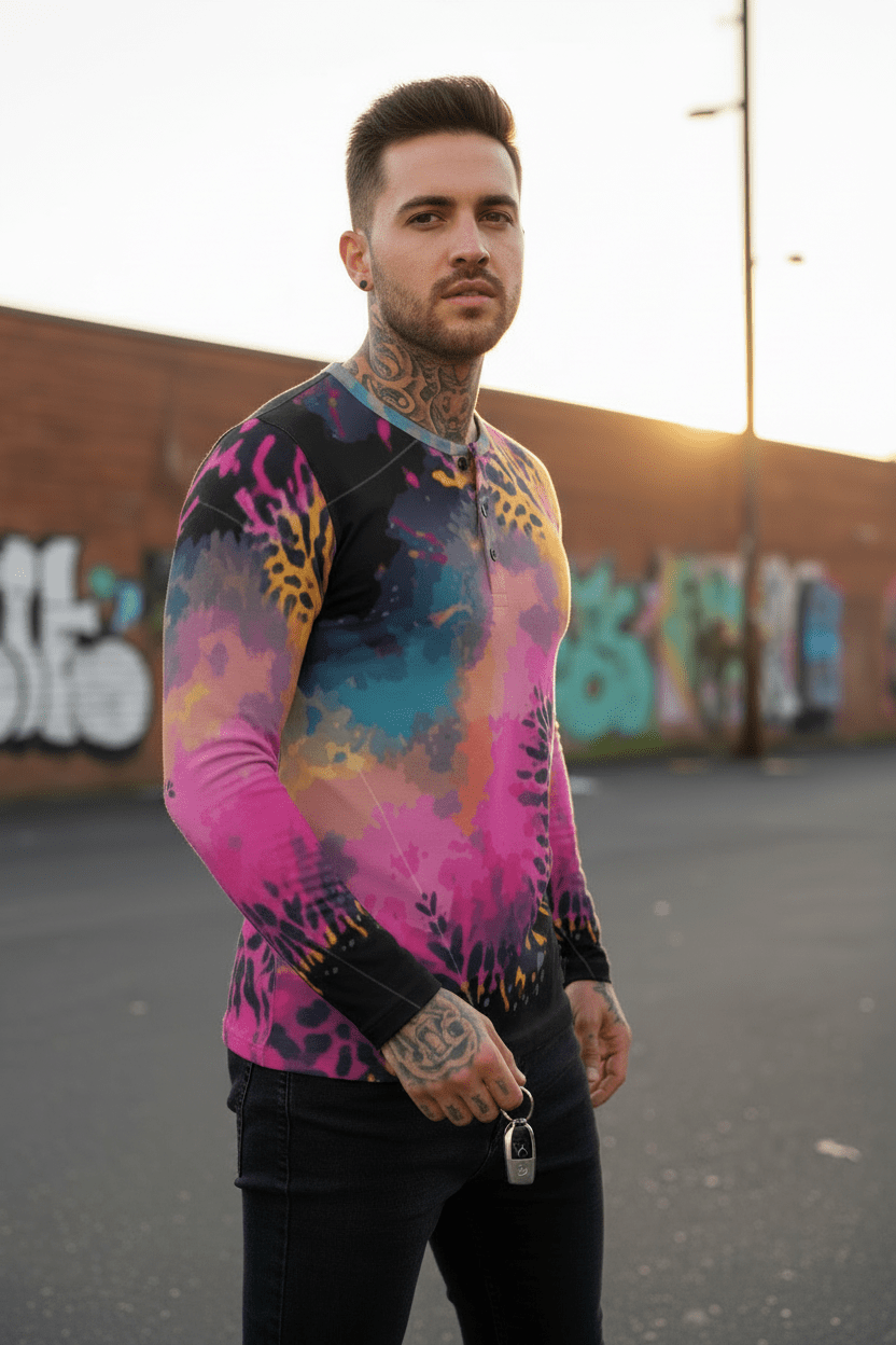 Men's Henley Shirt – Pink Black Liquid Grunge Art Long Sleeve Streetwear Aesthetic Rebellion