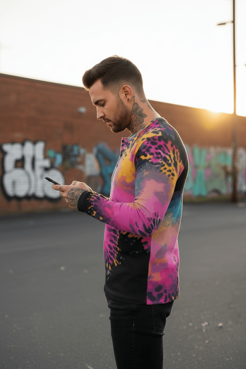 Men's Henley Shirt – Pink Black Liquid Grunge Art Long Sleeve Streetwear Aesthetic Rebellion