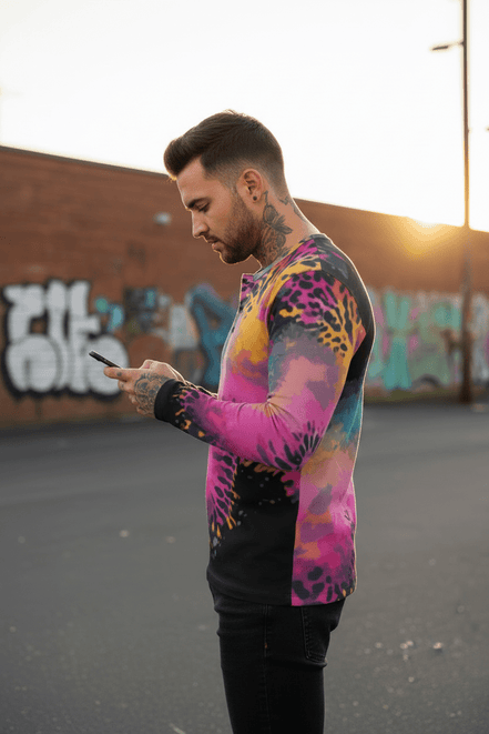 Men's Henley Shirt – Pink Black Liquid Grunge Art Long Sleeve Streetwear Aesthetic Rebellion