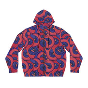 Fan Bloom Full-Zip Hoodie in coral red and indigo with overlapping fan blossom motifs and dark stitch outlines, front zip and drawstring hood, flat lay