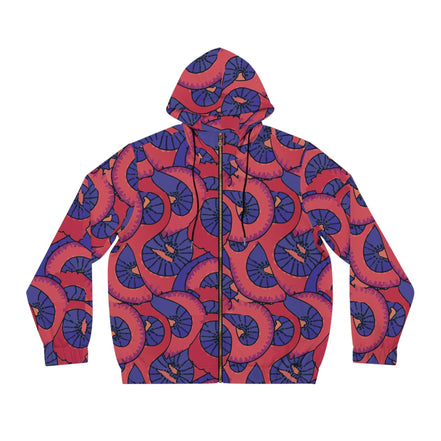 Fan Bloom Full-Zip Hoodie in coral red and indigo with overlapping fan blossom motifs and dark stitch outlines, front zip and drawstring hood, flat lay