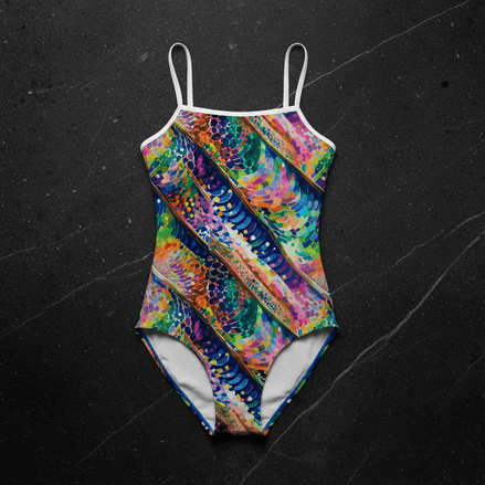 Pearl Prism One-Piece Swimsuit with iridescent mermaid scale pattern in diagonal rainbow bands of pink, teal, violet, gold, and blue, white straps, flat lay on black stone