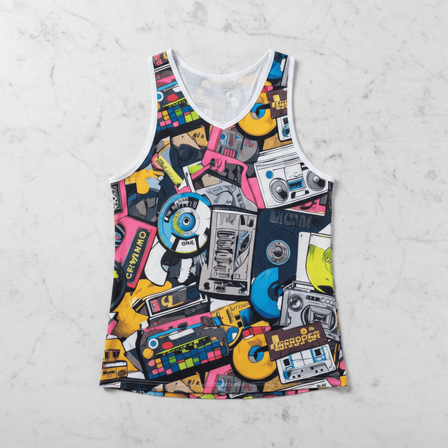 Sleeveless AOP jersey with dense retro 90s tech collage featuring cassette tapes, boomboxes, VHS, controllers, and discs in vivid pink, yellow, blue, and green