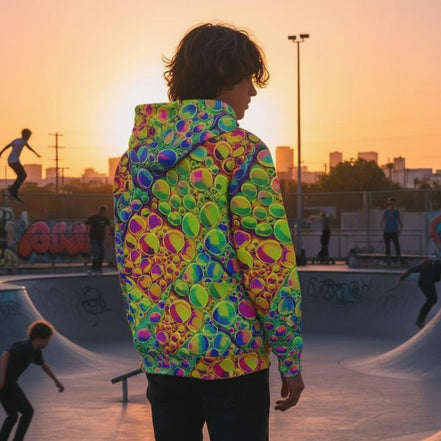Neon Cellular Activity Men's Hoodie, Bold & Vibrant Swirls, Flowing Cells, Stylish Sweatshirt, Colorful Outerwear, Artistic Pullover Jacket - Aesthetic Rebellion