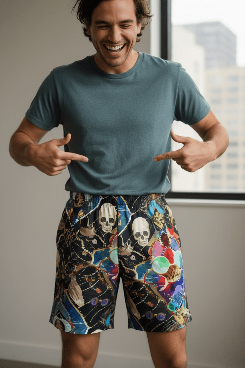 Neon Skeletal Mosaic AOP Shorts for Rave and Streetwear Collectors — All-over print in neon tones. Unisex shorts with festival core 2026, dopamine dressing, chromatic therapy style. Aesthetic Rebellion.