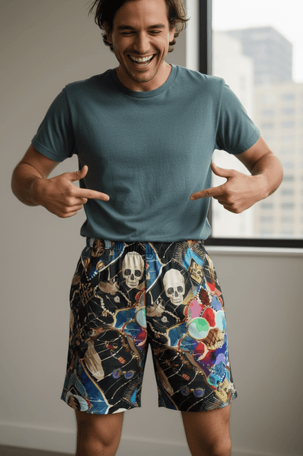 Neon Skeletal Mosaic AOP Shorts for Rave and Streetwear Collectors — All-over print in neon tones. Unisex shorts with festival core 2026, dopamine dressing, chromatic therapy style. Aesthetic Rebellion.