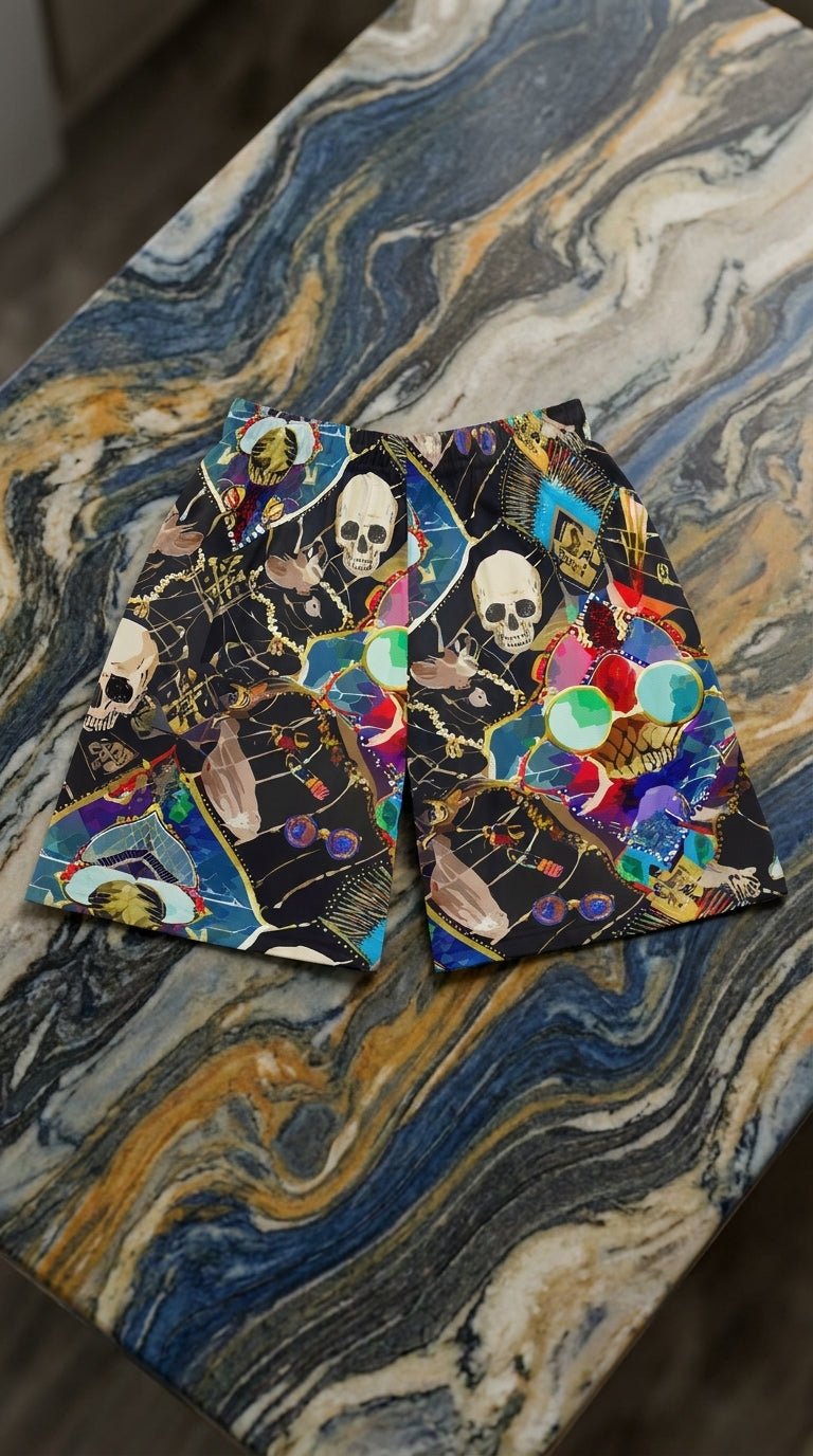 Neon Skeletal Mosaic AOP Shorts for Rave and Streetwear Collectors — All-over print in neon tones. Unisex shorts with festival core 2026, dopamine dressing, chromatic therapy style. Aesthetic Rebellion.