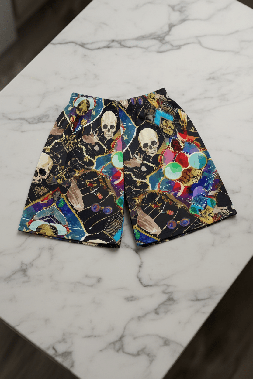 Dearly Departed Basketball Shorts in black performance fabric with skull, skeleton hand, and jewel mosaic collage in cream, teal, red, gold, and blue, flat lay on marble