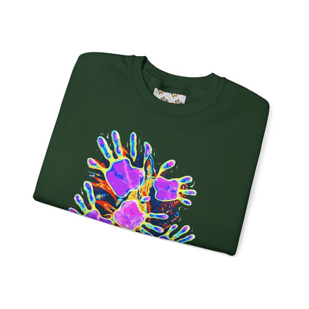 Neon Splat Crest Crewneck — Heavy Blend Navy Sweatshirt with Psychedelic Graffiti Chest Print - Aesthetic Rebellion