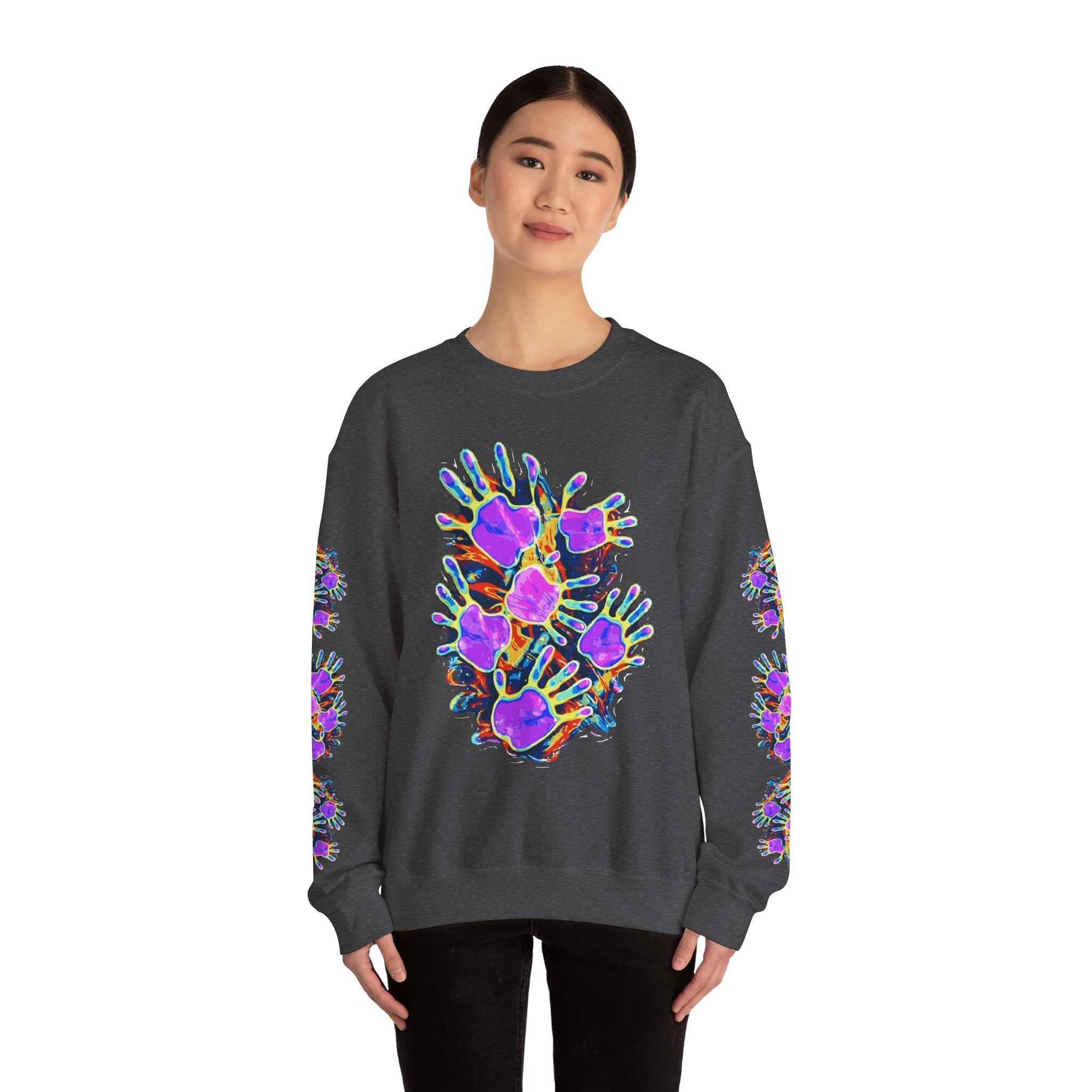 Neon Splat Crest Crewneck — Heavy Blend Navy Sweatshirt with Psychedelic Graffiti Chest Print - Aesthetic Rebellion