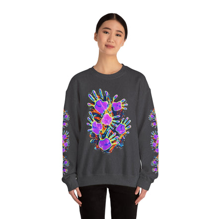 Neon Splat Crest Crewneck — Heavy Blend Navy Sweatshirt with Psychedelic Graffiti Chest Print - Aesthetic Rebellion
