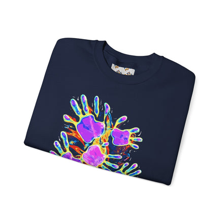 Neon Splat Crest Crewneck — Heavy Blend Navy Sweatshirt with Psychedelic Graffiti Chest Print - Aesthetic Rebellion