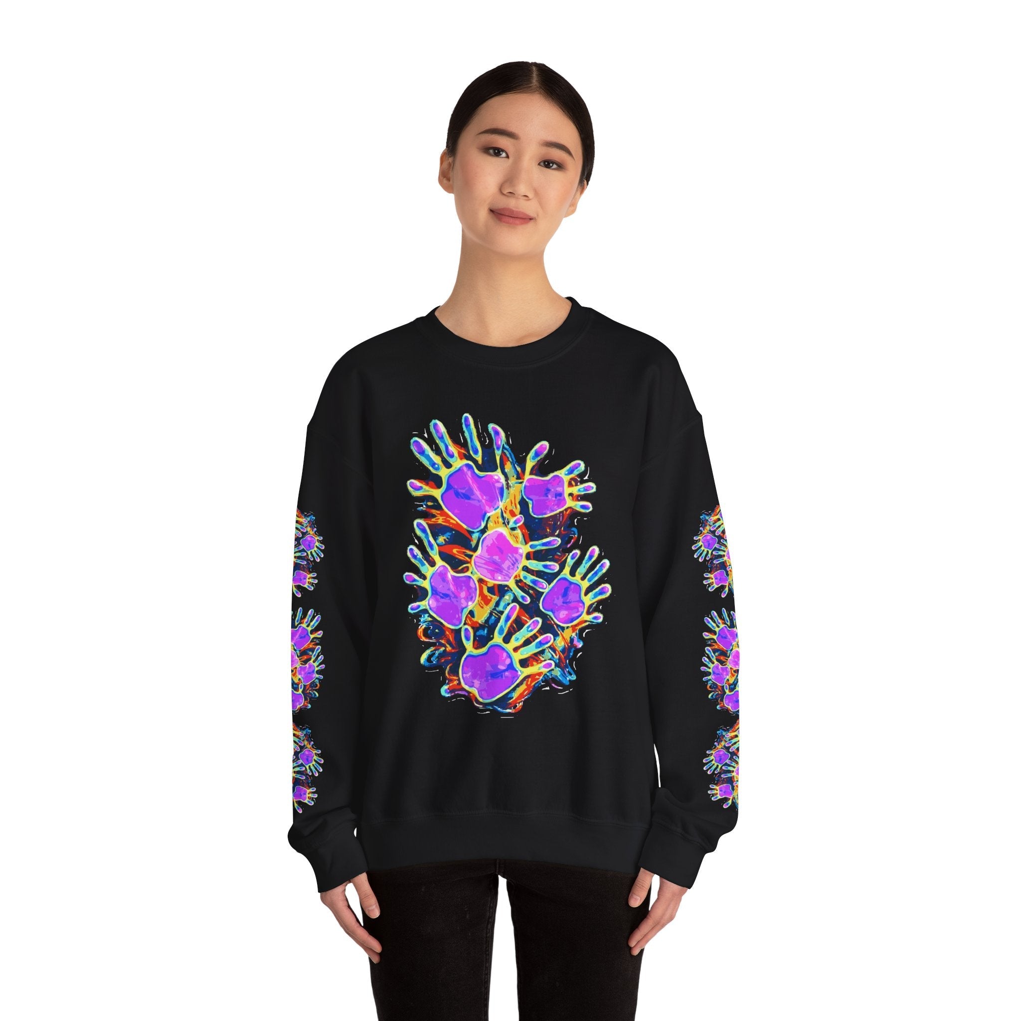 Neon Splat Crest Crewneck — Heavy Blend Navy Sweatshirt with Psychedelic Graffiti Chest Print - Aesthetic Rebellion