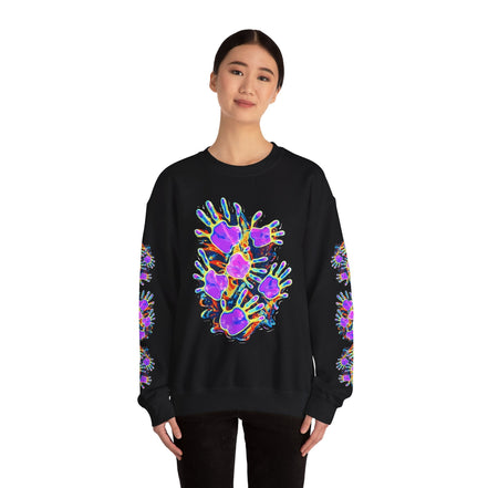 Neon Splat Crest Crewneck — Heavy Blend Navy Sweatshirt with Psychedelic Graffiti Chest Print - Aesthetic Rebellion