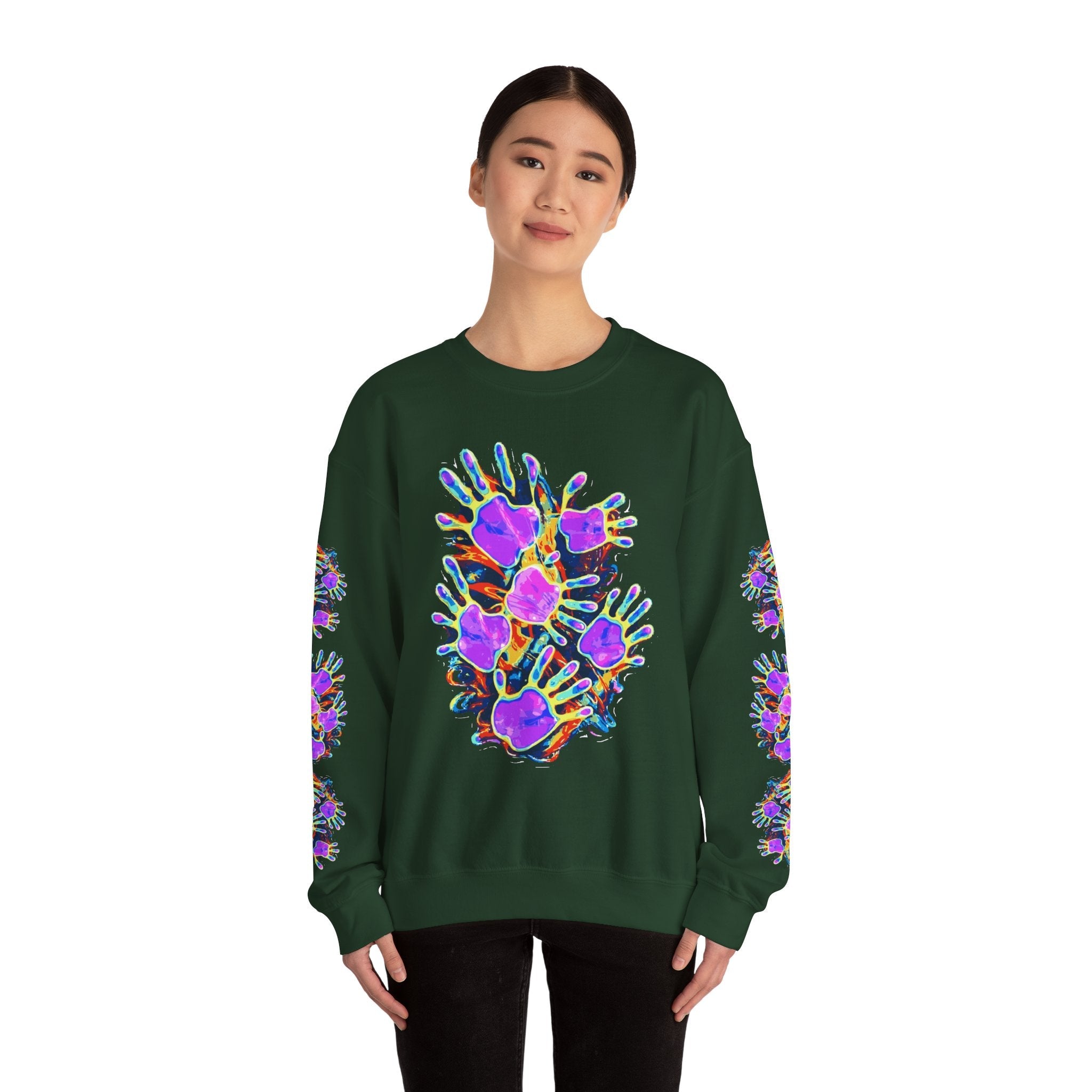Neon Splat Crest Crewneck — Heavy Blend Navy Sweatshirt with Psychedelic Graffiti Chest Print - Aesthetic Rebellion