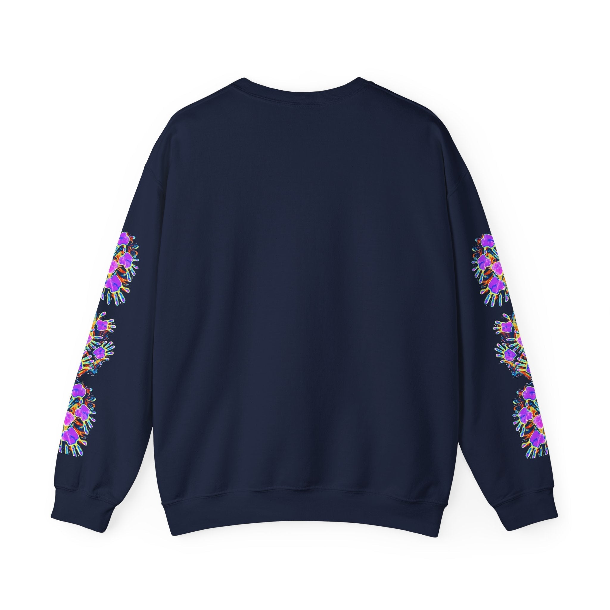 Neon Splat Crest Crewneck — Heavy Blend Navy Sweatshirt with Psychedelic Graffiti Chest Print - Aesthetic Rebellion