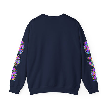 Neon Splat Crest Crewneck — Heavy Blend Navy Sweatshirt with Psychedelic Graffiti Chest Print - Aesthetic Rebellion