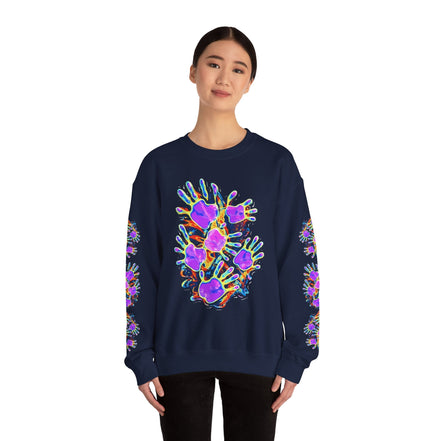 Neon Splat Crest Crewneck — Heavy Blend Navy Sweatshirt with Psychedelic Graffiti Chest Print - Aesthetic Rebellion
