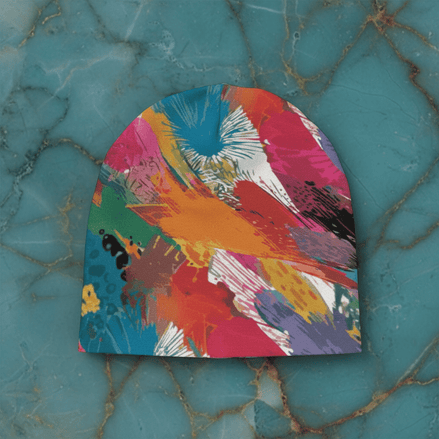 Painted Camo Knit Beanie in soft stretch knit with multicolor brush-dab pattern in crimson, teal, orange, magenta, and green with spiky splatter accents, flat lay on teal marble