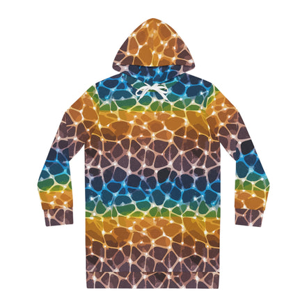 Prism Lattice Hoodie Dress — Amber-to-Teal Geometric Gradient AOP Longline Statement - Aesthetic Rebellion
