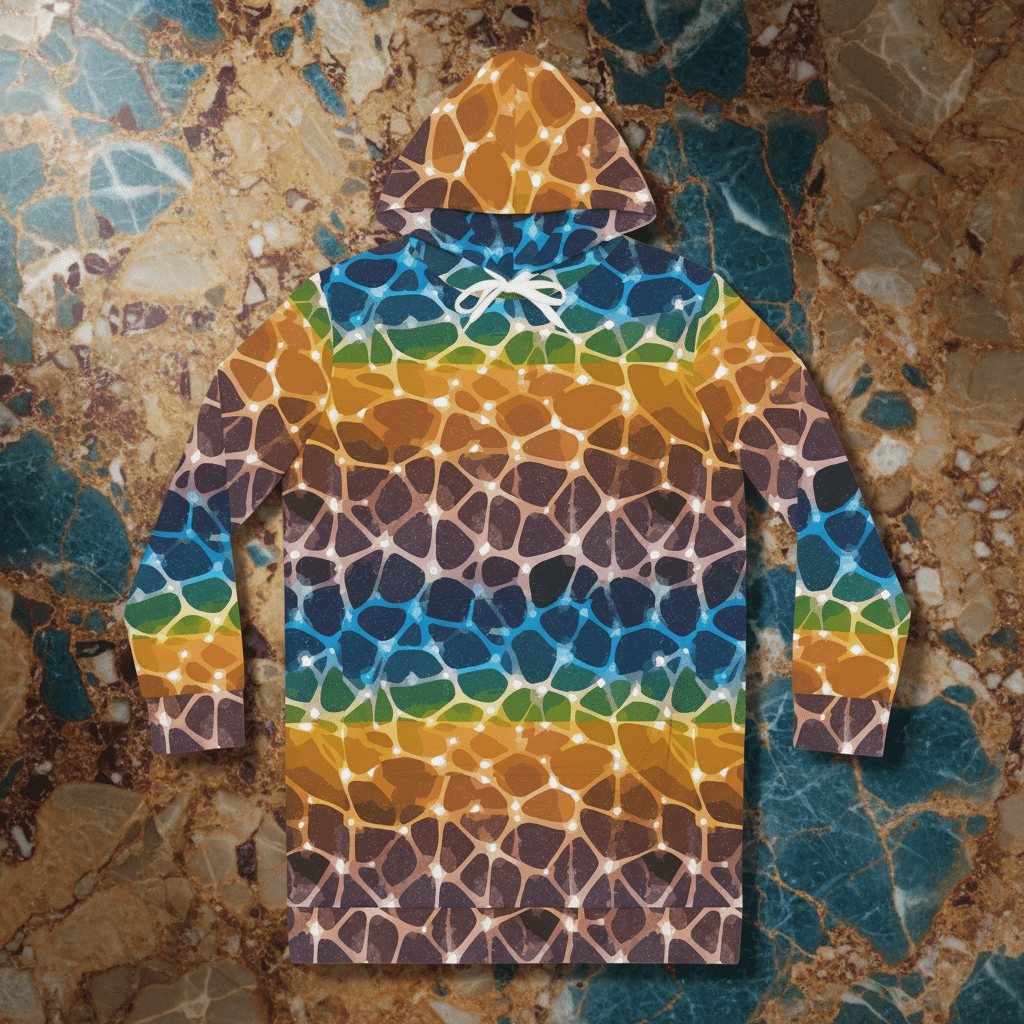 Prism Lattice Hoodie Dress longline with horizontal gradient bands of organic pebble lattice pattern shifting from warm amber and gold through teal, blue, and plum, white drawstring