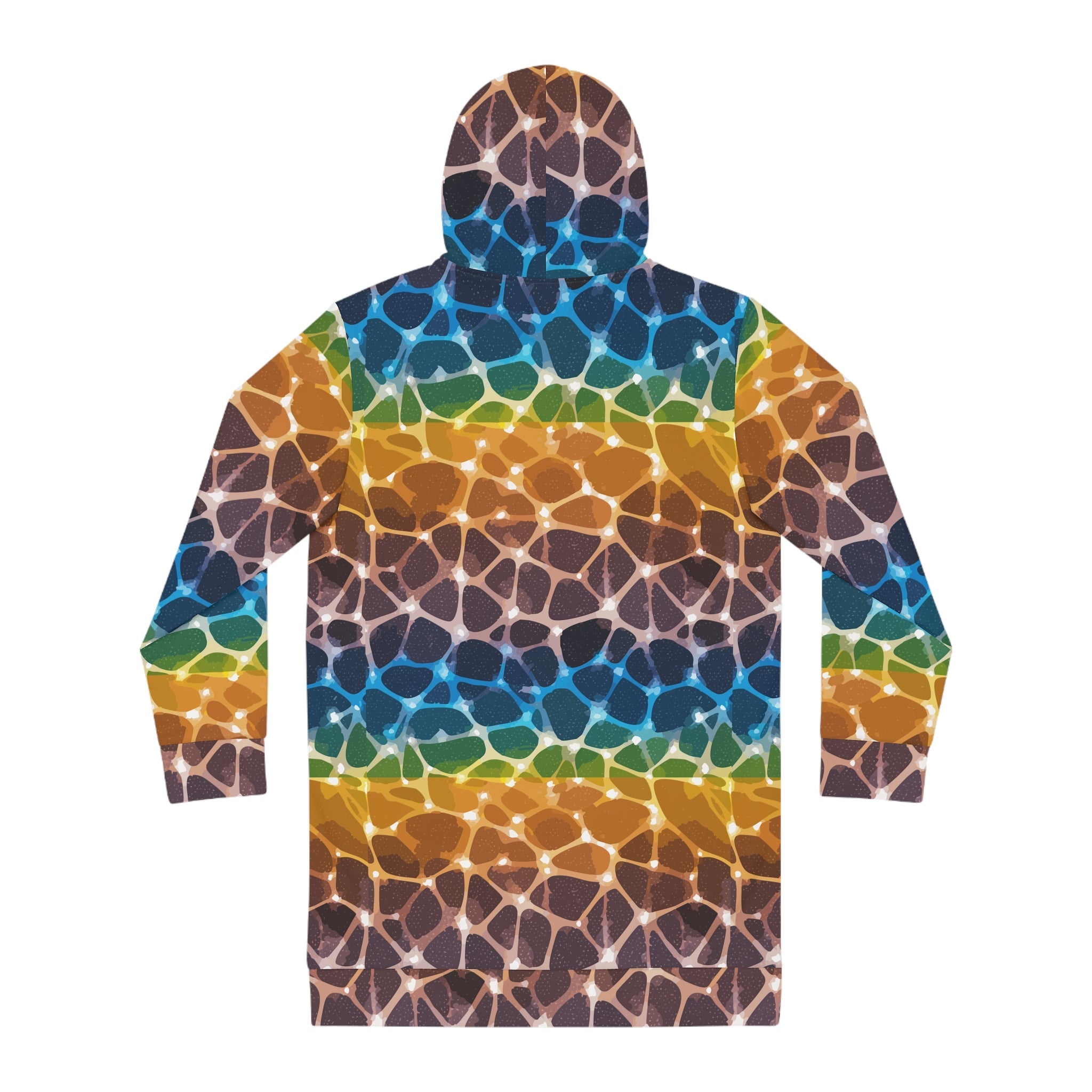 Prism Lattice Hoodie Dress — Amber-to-Teal Geometric Gradient AOP Longline Statement - Aesthetic Rebellion