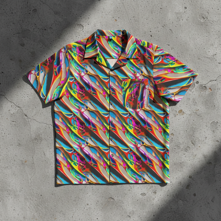 Prismatic Wave Hawaiian Shirt with diagonal liquid chrome ribbon pattern in neon yellow, cyan, magenta, red, and green with glossy dimensional shine, chest pocket, flat lay