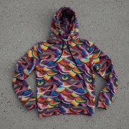 Prismatic Dragon Scale Hoodie covered in overlapping scallop scale rows in rainbow hues of orange, blue, violet, green, gold, and crimson with painterly texture, flat lay