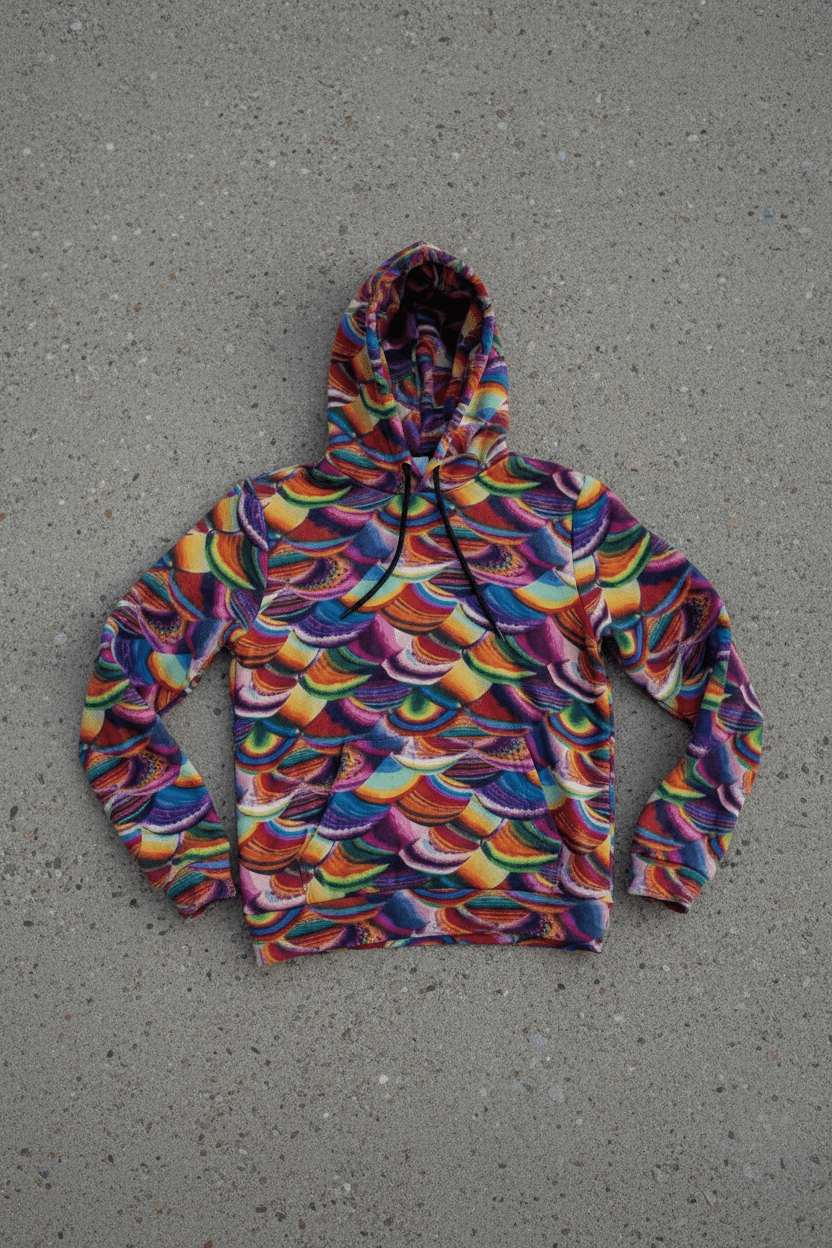 Prismatic Dragon Scale Hoodie covered in overlapping scallop scale rows in rainbow hues of orange, blue, violet, green, gold, and crimson with painterly texture, flat lay