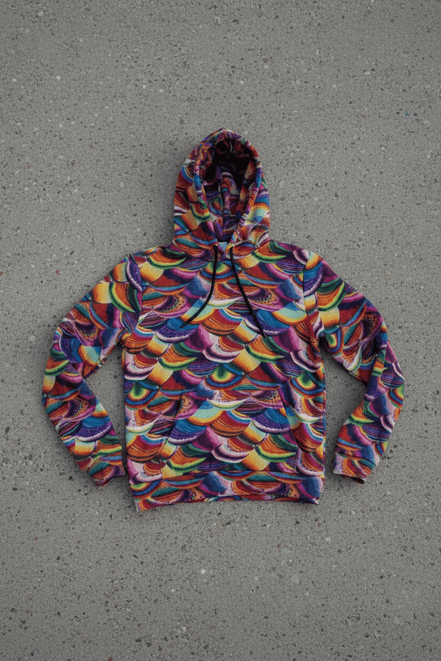 Prismatic Dragon Scale Hoodie covered in overlapping scallop scale rows in rainbow hues of orange, blue, violet, green, gold, and crimson with painterly texture, flat lay