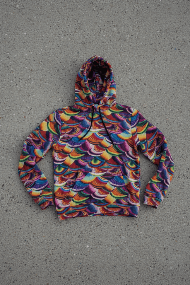 Prismatic Dragon Scale Hoodie covered in overlapping scallop scale rows in rainbow hues of orange, blue, violet, green, gold, and crimson with painterly texture, flat lay