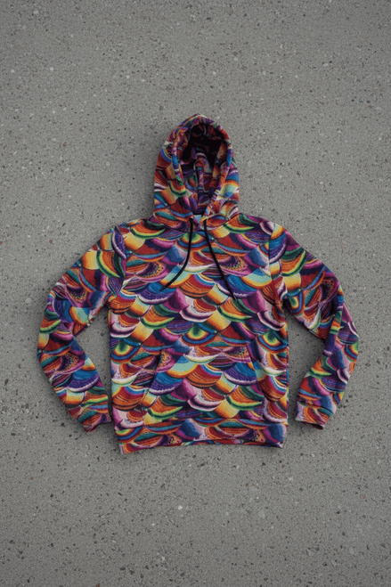 Prismatic Dragon Scale Hoodie covered in overlapping scallop scale rows in rainbow hues of orange, blue, violet, green, gold, and crimson with painterly texture, flat lay