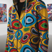 Psychedelic Eye Zip Hoodie in golden yellow with abstract ringed eye motifs in blue, red, green, and black, full-zip front and hood, worn by model in gallery