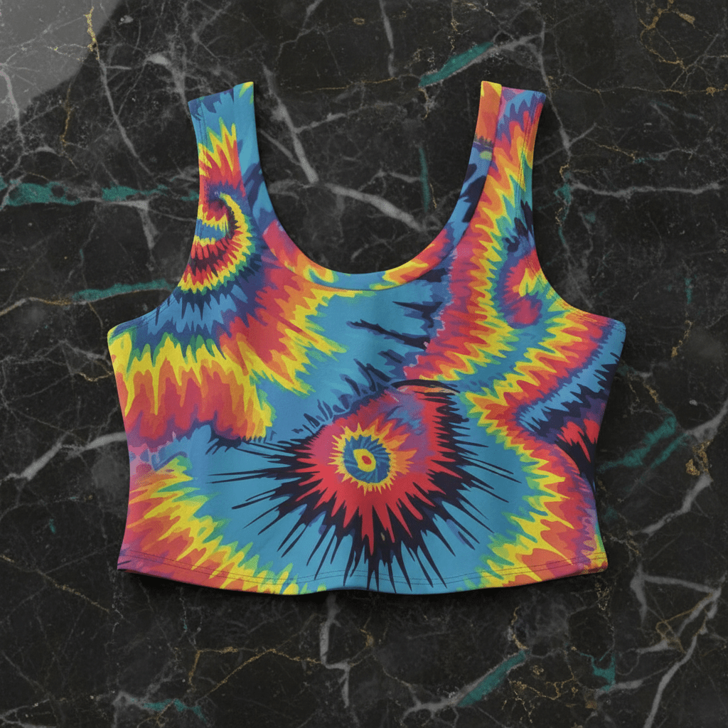 Tie-Dye Spiral Crop Tank fitted cut with classic rainbow spiral tie-dye in red, blue, yellow, and orange at full saturation, flat lay on black marble