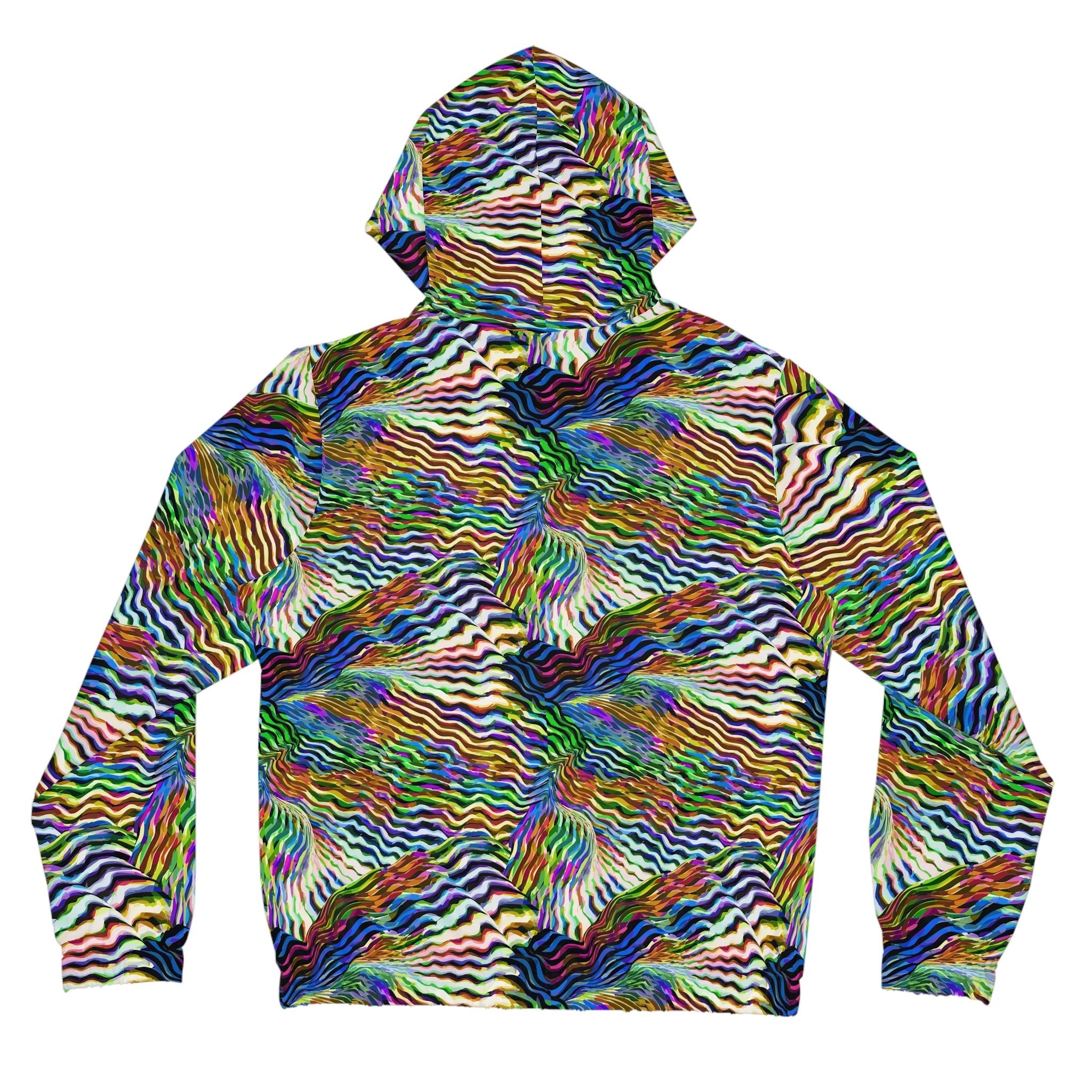Psychedelic Zebra Stripe Swirl Hoodie — Psychedelic full-coverage print in vivid multicolor tones. Unisex hoodie with art kid fashion, main character energy, hyperpop streetwear style. Aesthetic Rebellion.