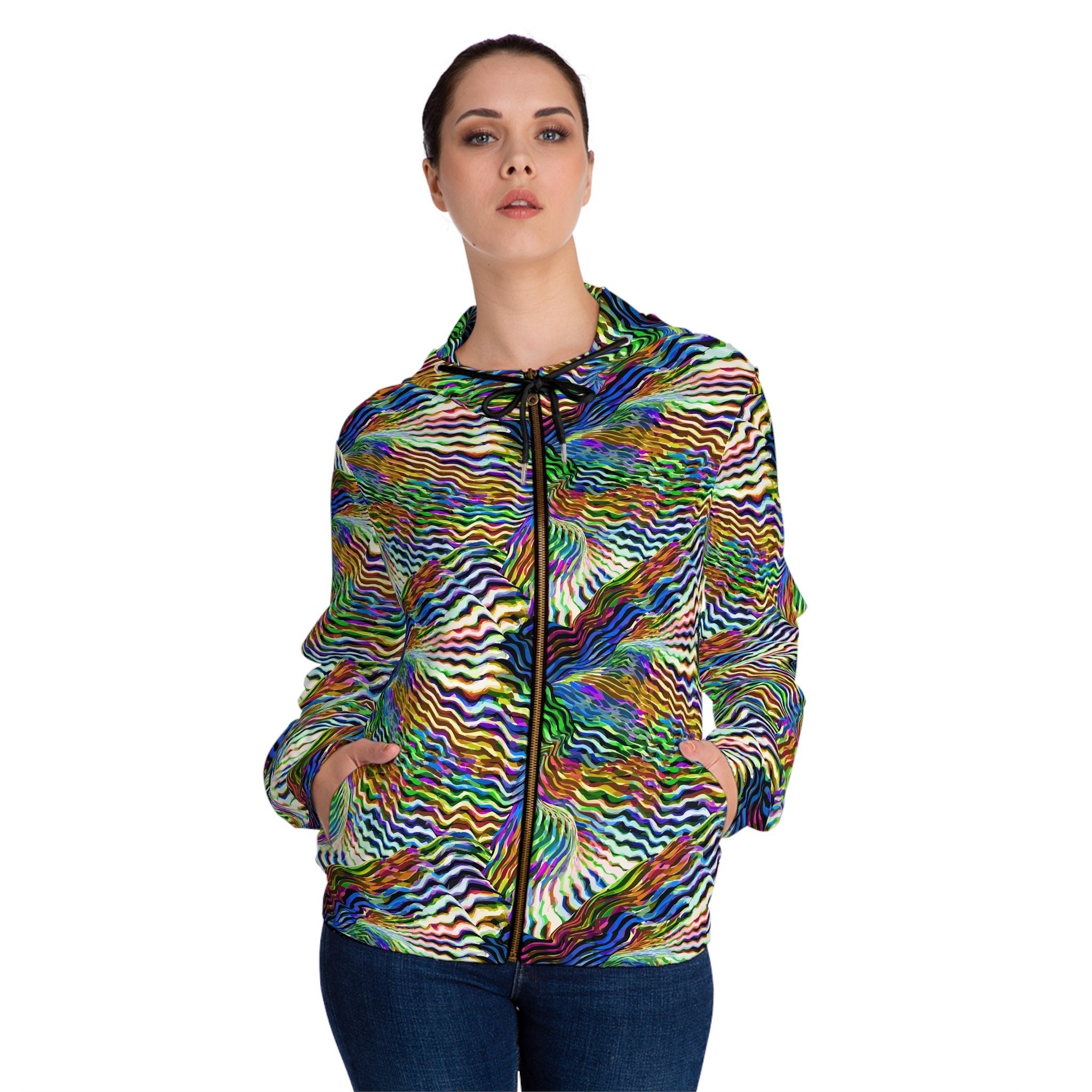 Psychedelic Zebra Stripe Swirl Hoodie — Psychedelic full-coverage print in vivid multicolor tones. Unisex hoodie with art kid fashion, main character energy, hyperpop streetwear style. Aesthetic Rebellion.