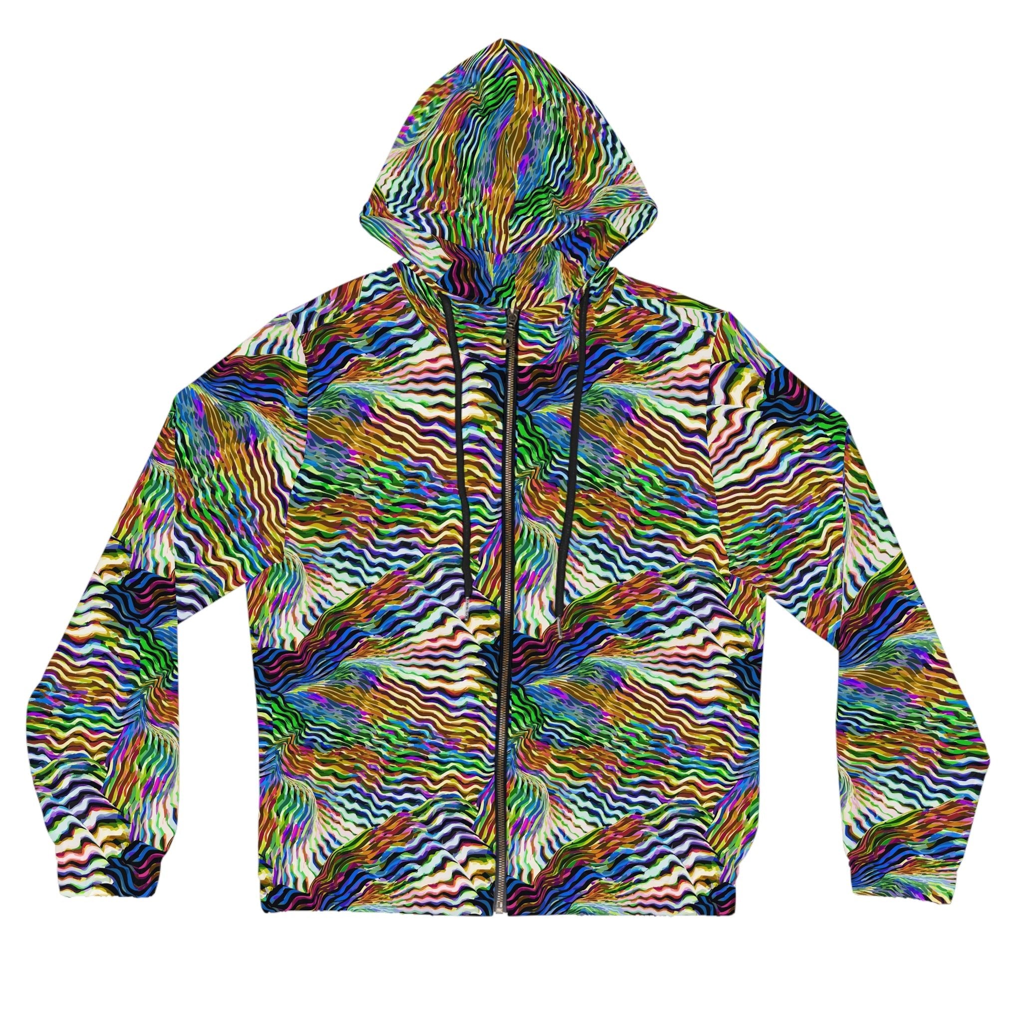 Psychedelic Zebra Stripe Swirl Hoodie — Psychedelic full-coverage print in vivid multicolor tones. Unisex hoodie with art kid fashion, main character energy, hyperpop streetwear style. Aesthetic Rebellion.