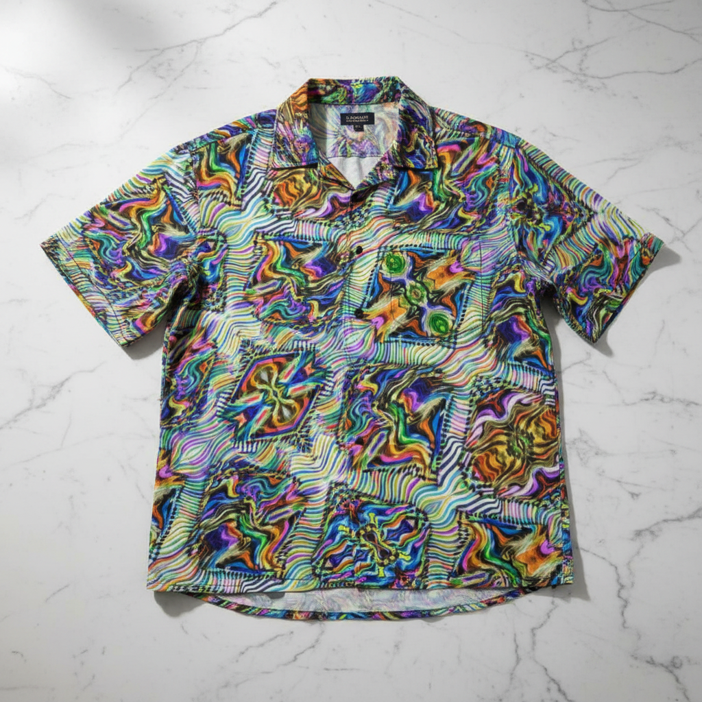 Radial Kaleidoscope AOP Hawaiian Shirt – Green & Purple Trippy Print - Aesthetic Rebellion