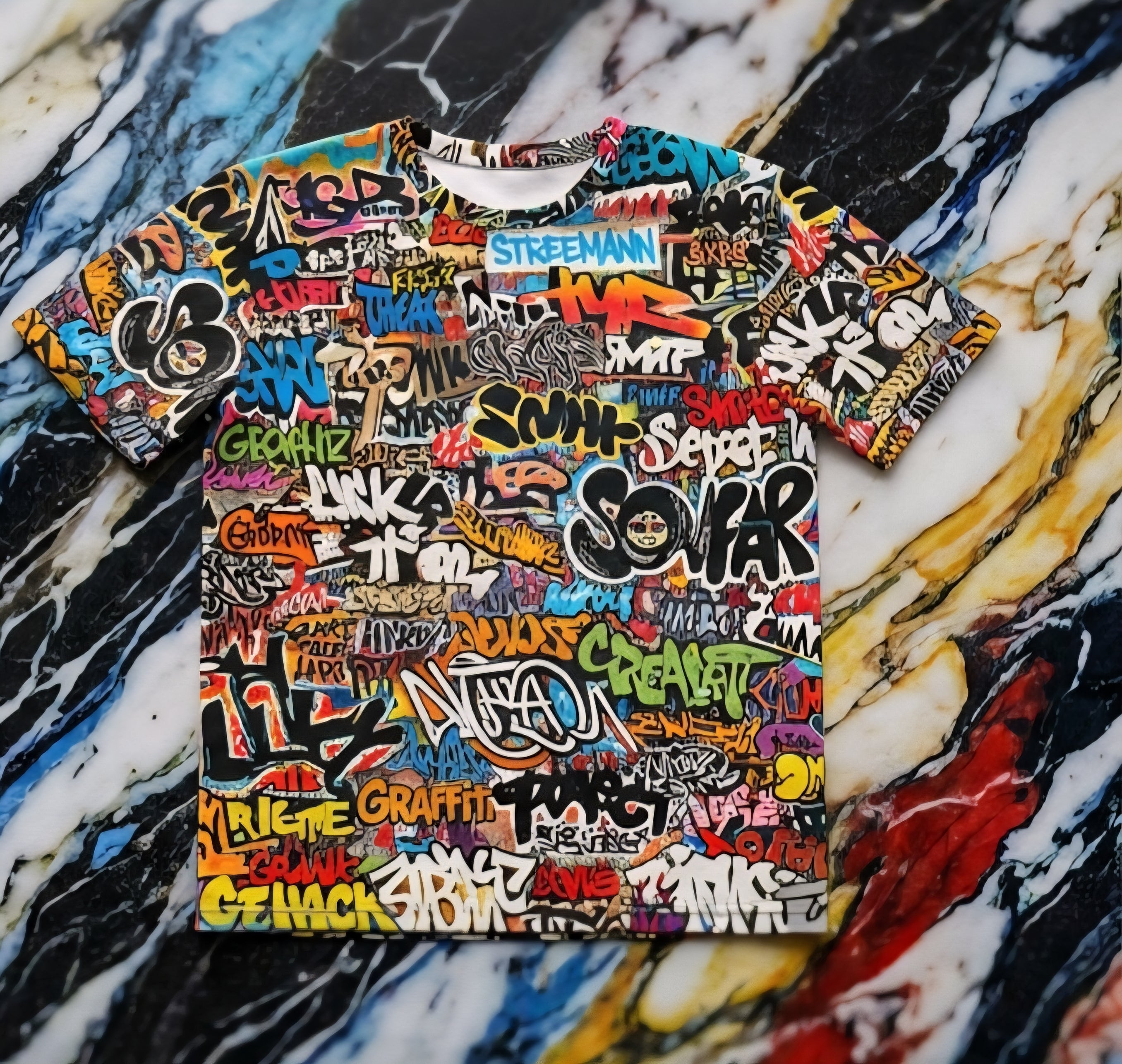Graffiti AOP Urban Street Art Tee for City Culture Dressers — Bold All-Over Print Graphic T-Shirt, Hip-Hop Skate Statement, Festival Music Concert Top, Assembled in USA