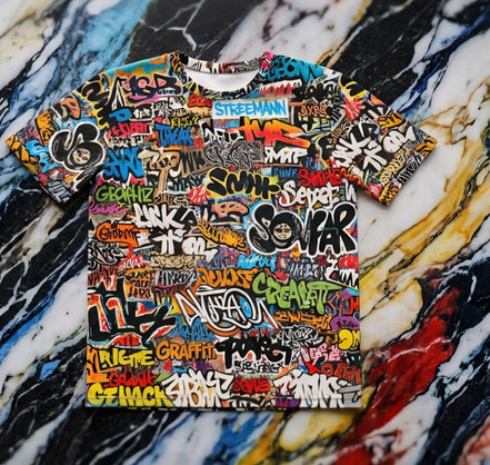 Graffiti AOP Urban Street Art Tee for City Culture Dressers — Bold All-Over Print Graphic T-Shirt, Hip-Hop Skate Statement, Festival Music Concert Top, Assembled in USA