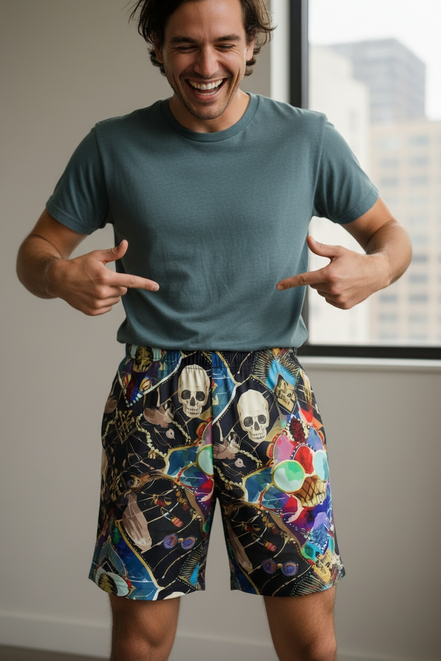 Neon Skeletal Mosaic AOP Shorts for Rave and Streetwear Collectors — Bold Retro Neon Athletic Basketball Shorts, Quick-Dry Festival Gym Activewear, Unisex Statement