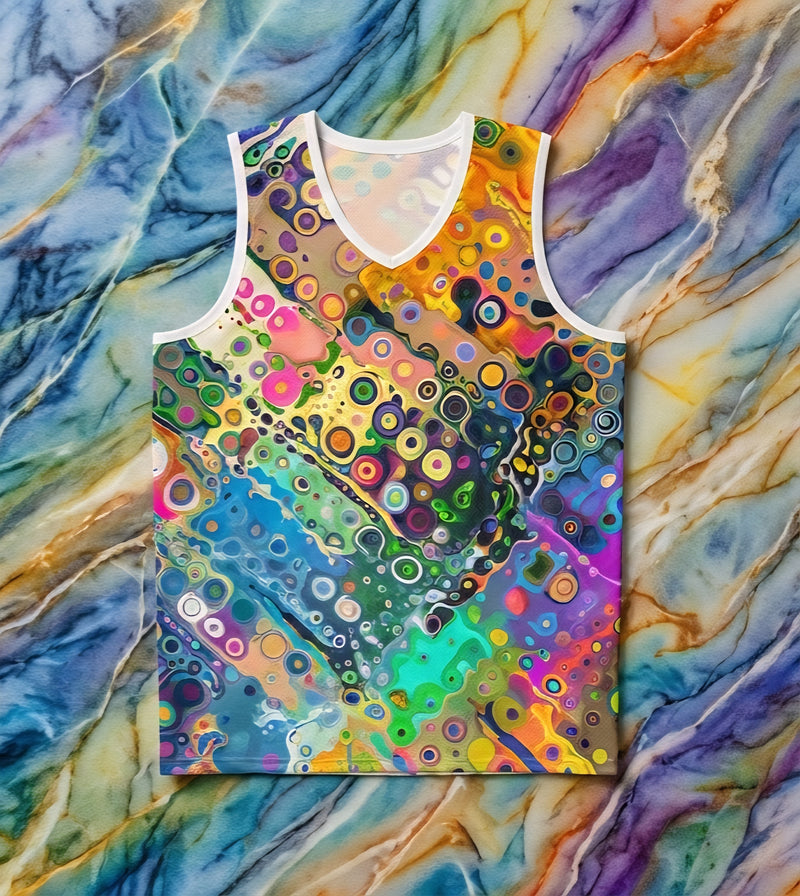 Abstract Bubble Paint Jersey for Court-to-Festival Dressers — Colorful AOP Basketball Tank, UPF-Ready Moisture-Wicking Sportswear, Assembled in USA, Bold Street Art Top