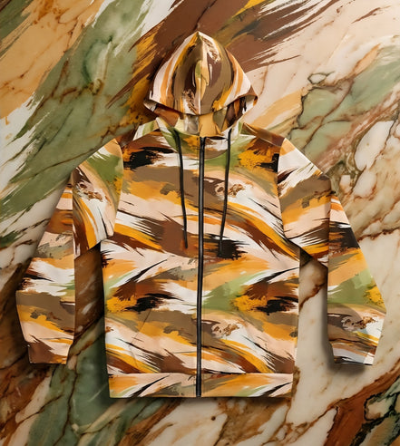 Maximalist Fall Zip Hoodie for Aesthetic Dressers — Abstract Autumn Brushstroke AOP, Earthy Statement Outerwear, Cozy Art-Forward Streetwear, Women's Bold Print Zip-Up