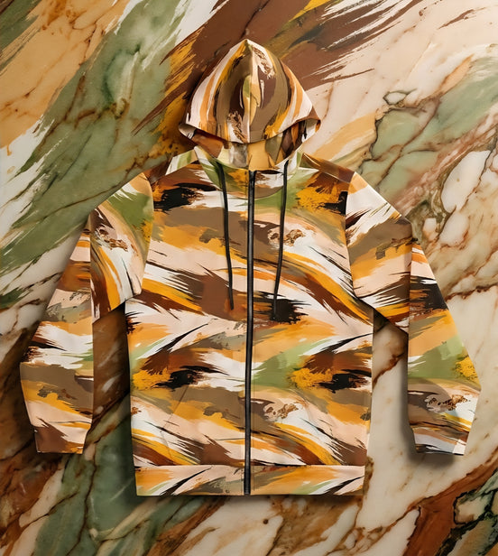 Maximalist Fall Zip Hoodie for Aesthetic Dressers — Abstract Autumn Brushstroke AOP, Earthy Statement Outerwear, Cozy Art-Forward Streetwear, Women's Bold Print Zip-Up