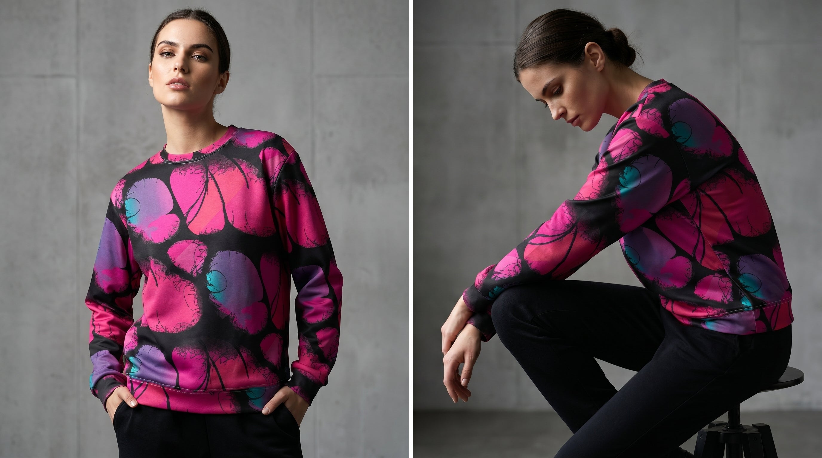 Dark Bloom AOP Sweatshirt — Magenta Botanical Silhouette 320gsm Fleece Aesthetic Rebellion