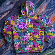 Men's All-Over Graffiti AOP Pullover Hoodie for Street Art Collectors — Bold Medium-Weight Comfort Fit, Assembled in USA, Festival Statement Sweatshirt