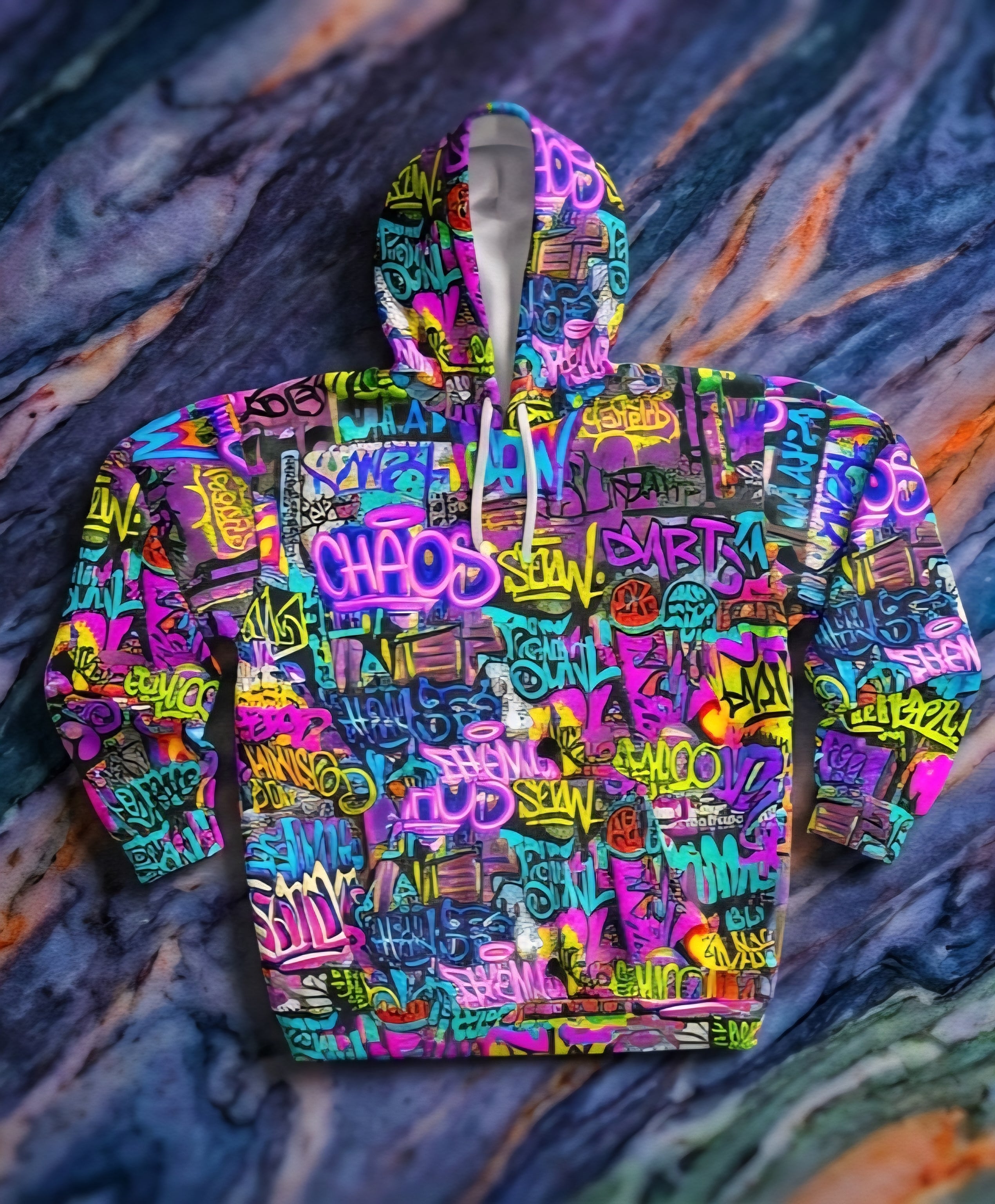 Men's All-Over Graffiti AOP Pullover Hoodie for Street Art Collectors — Bold Medium-Weight Comfort Fit, Assembled in USA, Festival Statement Sweatshirt